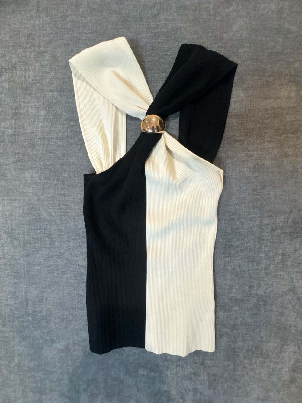 Zara Black White Halter Knit Going Out Top Gold Dome Hardware Detail Size S